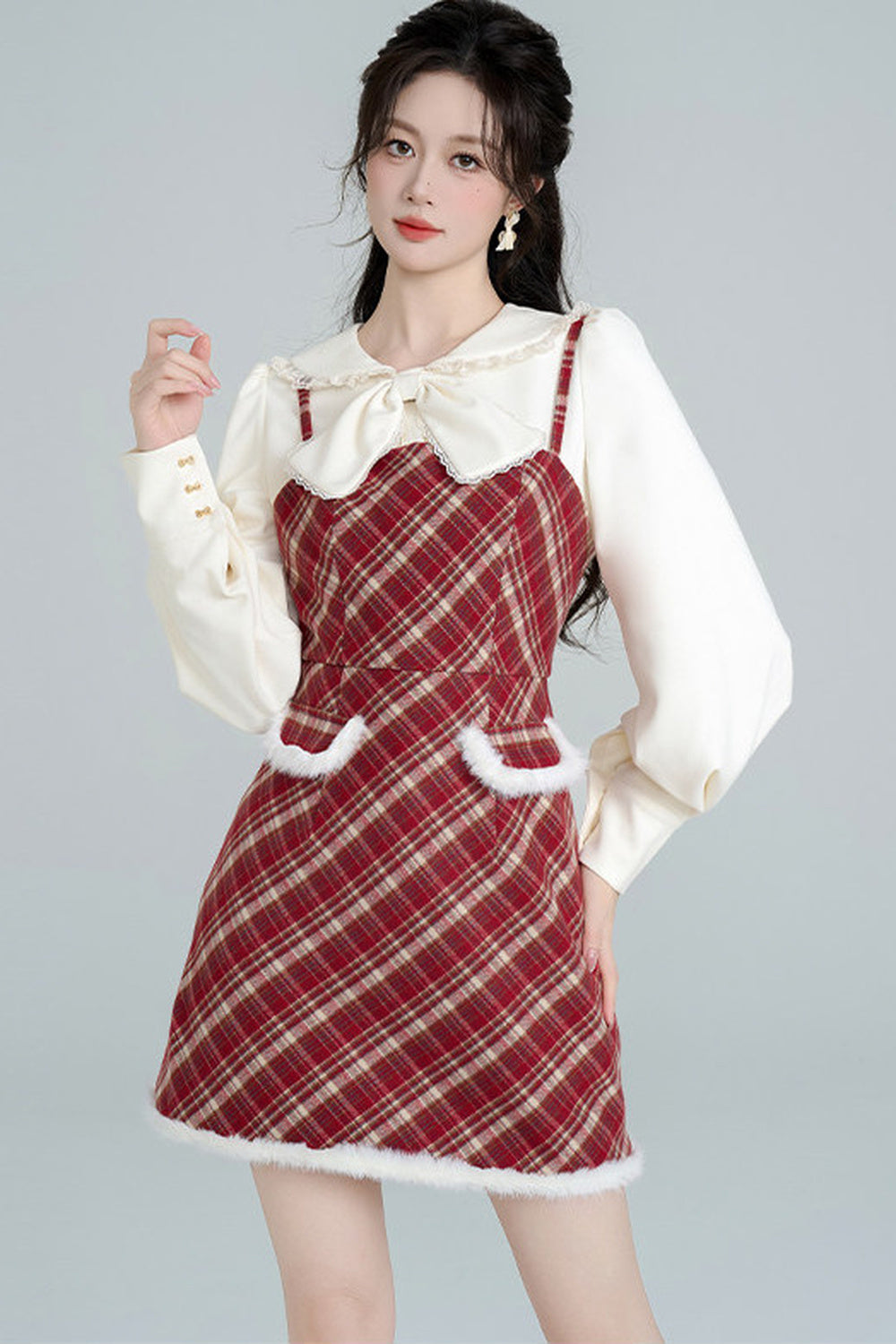 Red Plaid Dress and Apricot Shirt Set-Up
