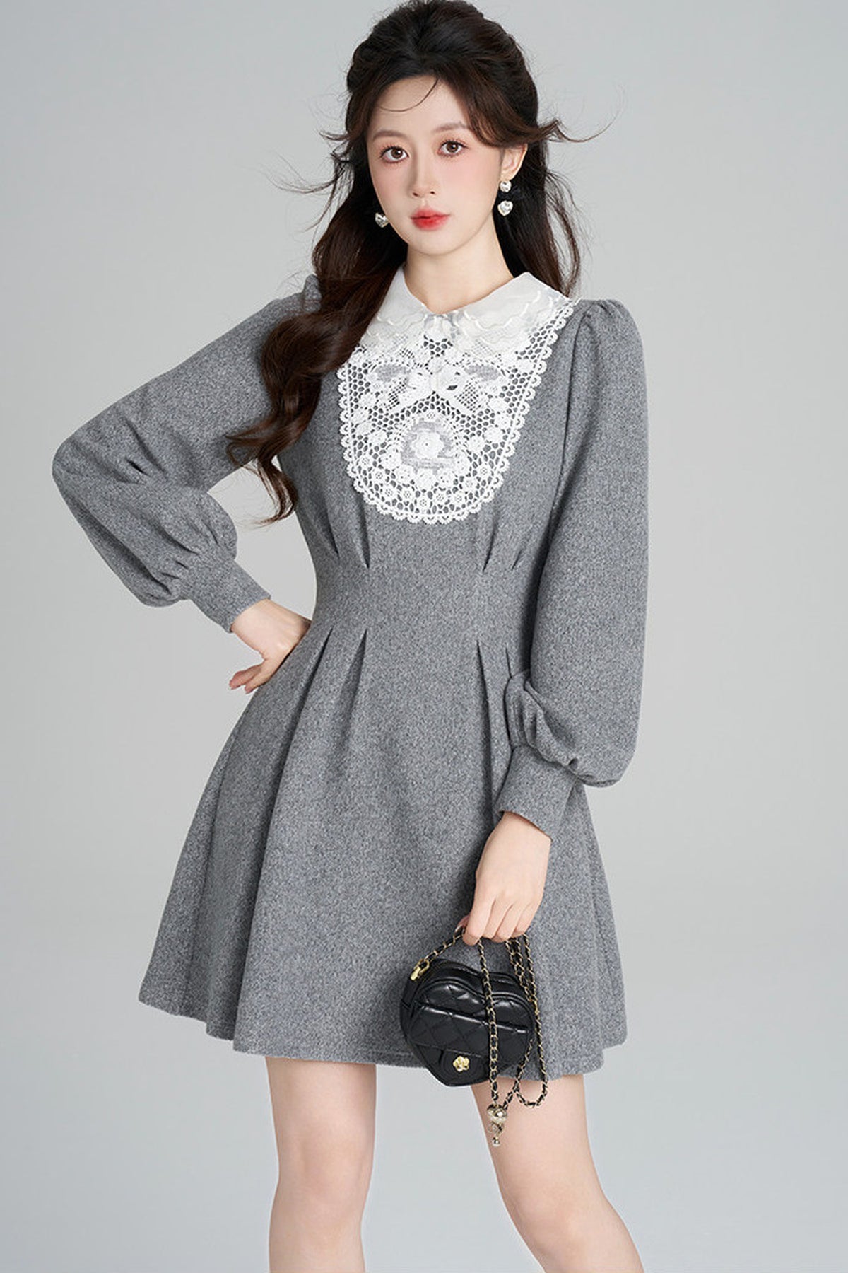 Lace Patchwork Puff Sleeve Dress