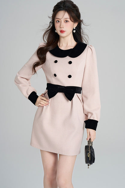 Pink Woolen Cinched Waist Dress