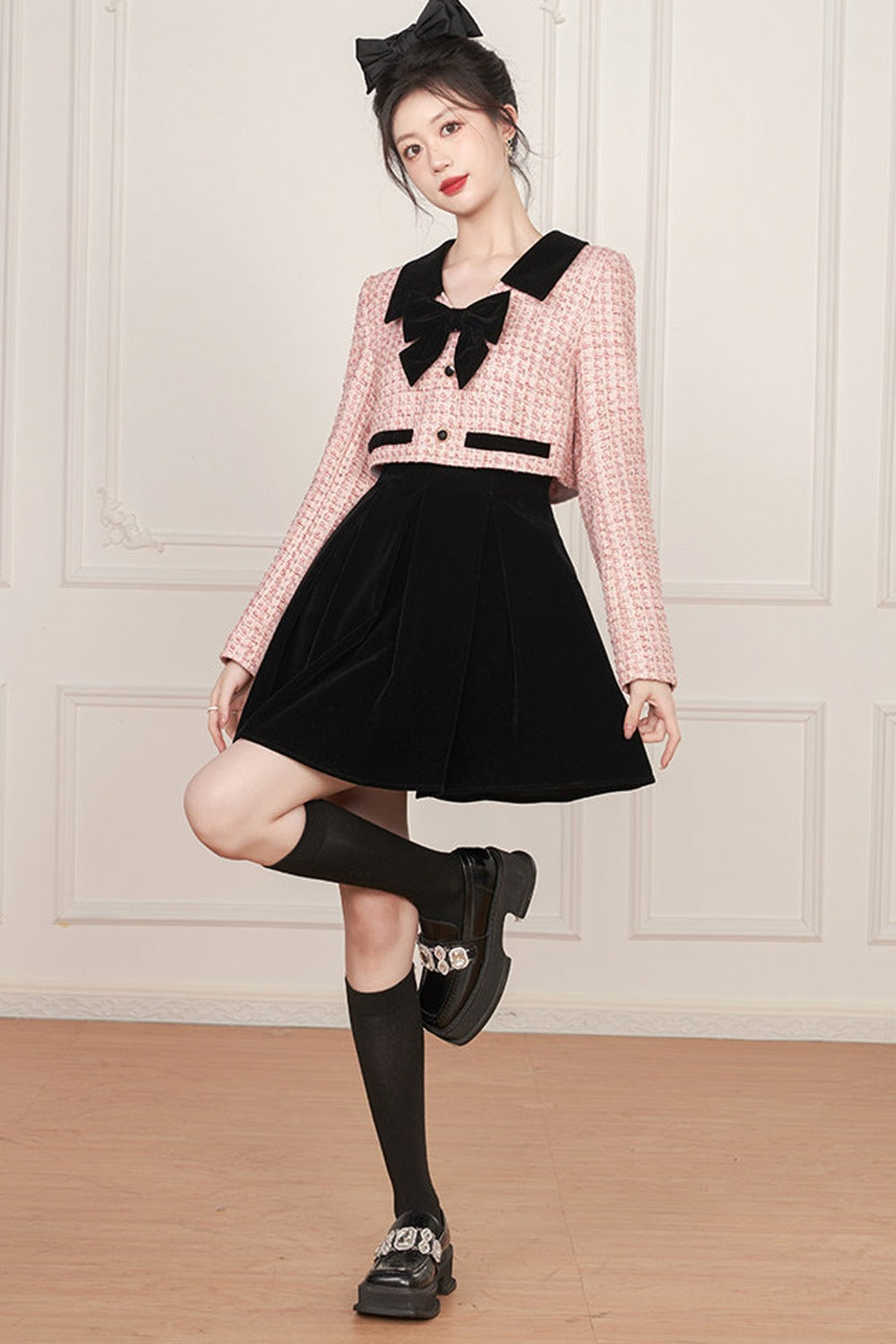Pink Bow Layered-Look Tweed Dress