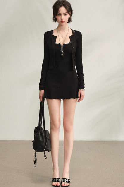 Ribbed Lace Vest Dress with Cardigan Set-Up