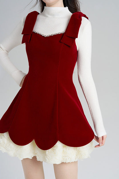 Red Velvet Dress and White Top Set-Up