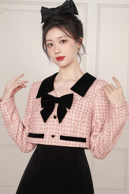 Pink Bow Layered-Look Tweed Dress