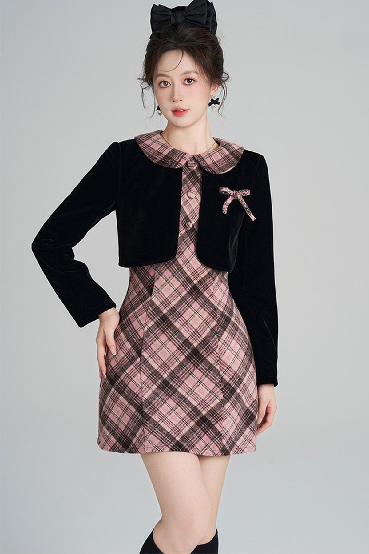 Layered-Look A-Line Plaid Dress