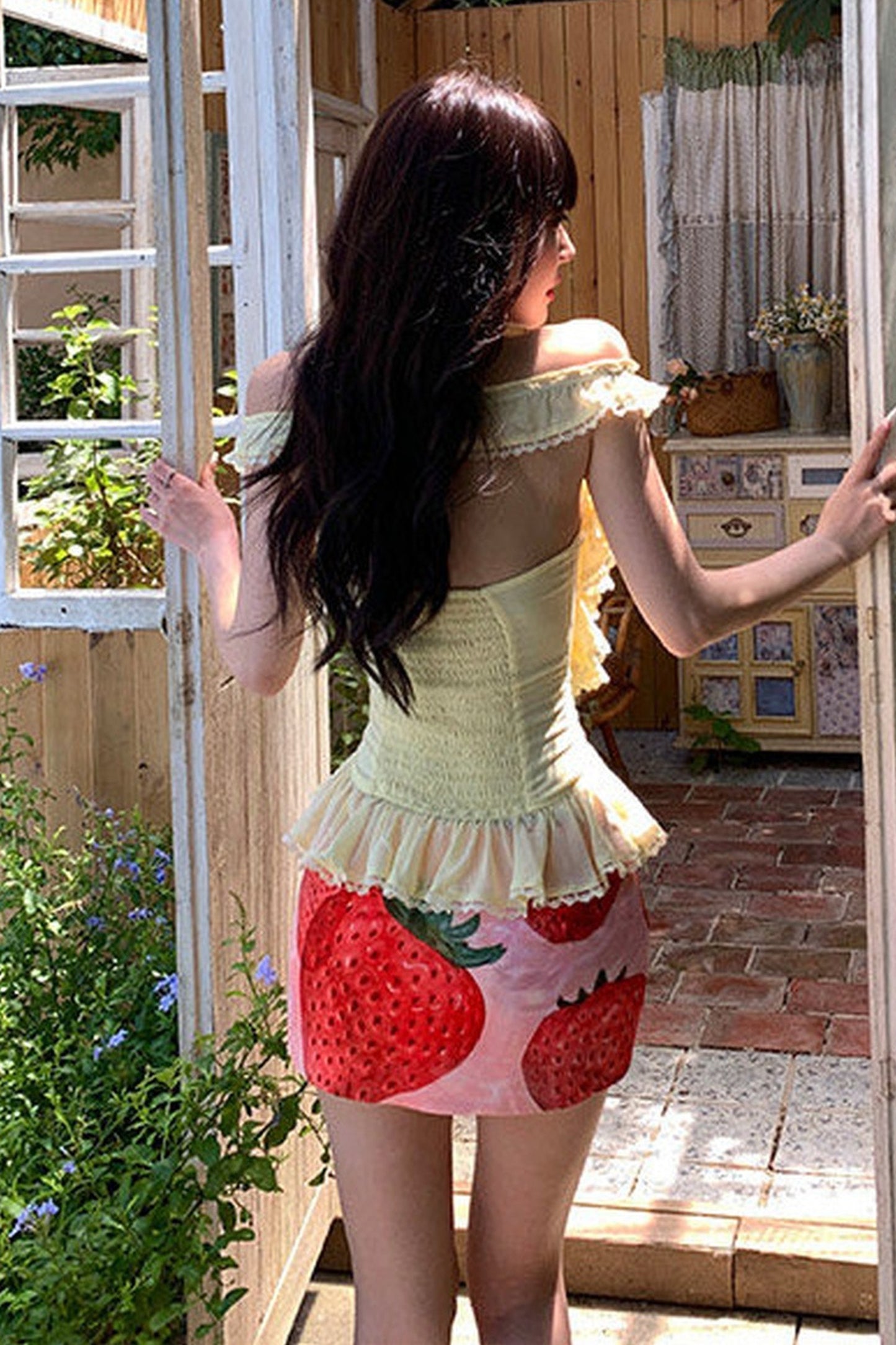 Yellow Ruffle Halter Top and Strawberry Skirt Set-Up