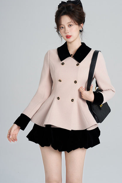 Pink Woolen Coat and Black Skirt Set-Up