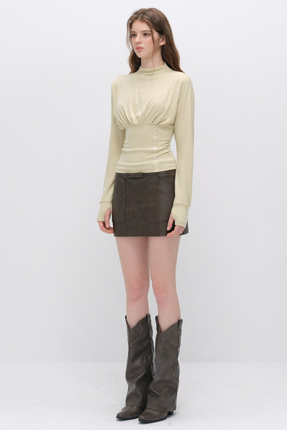 Pleated Side Button Knit Top and Skirt Set-Up