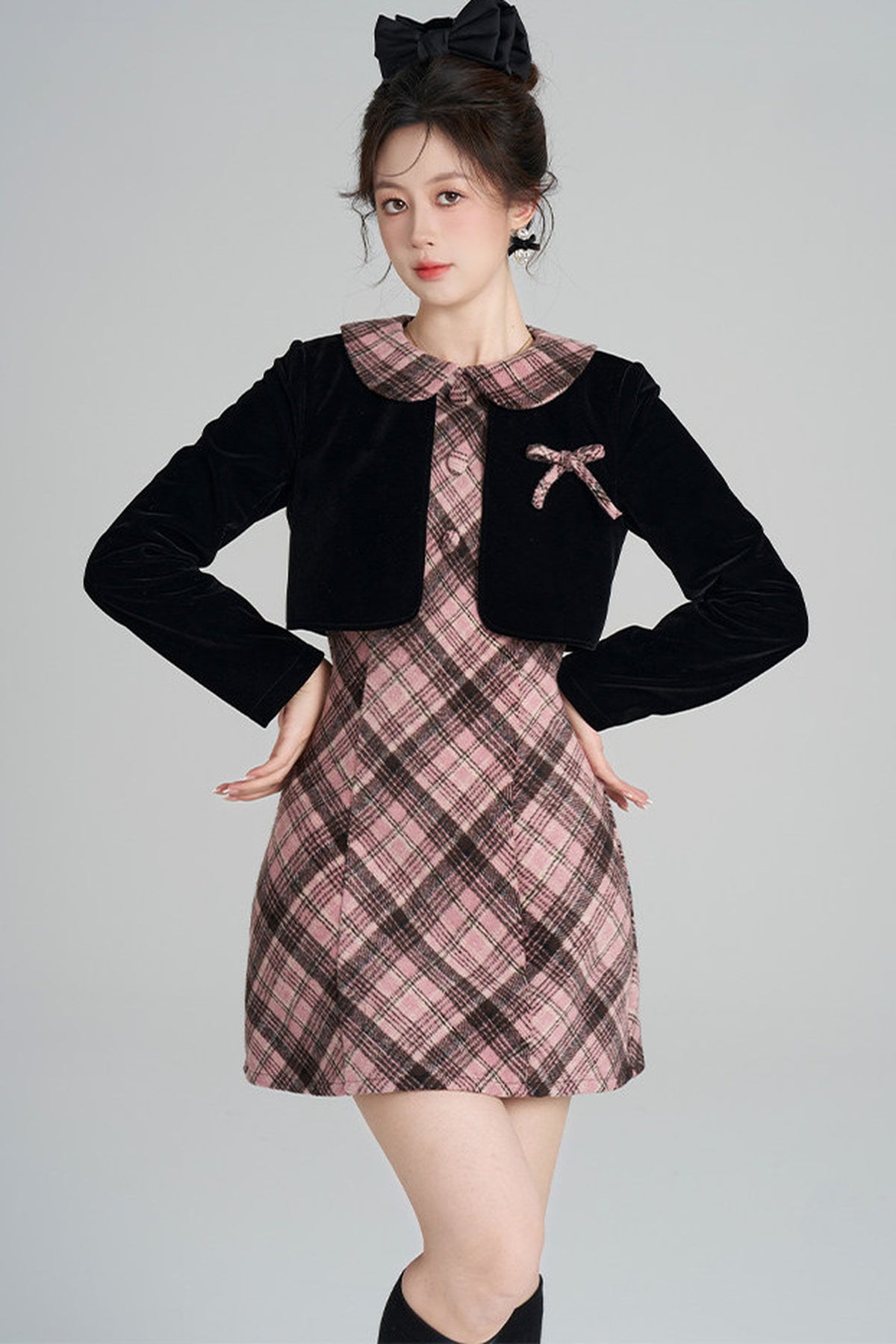 Layered-Look A-Line Plaid Dress
