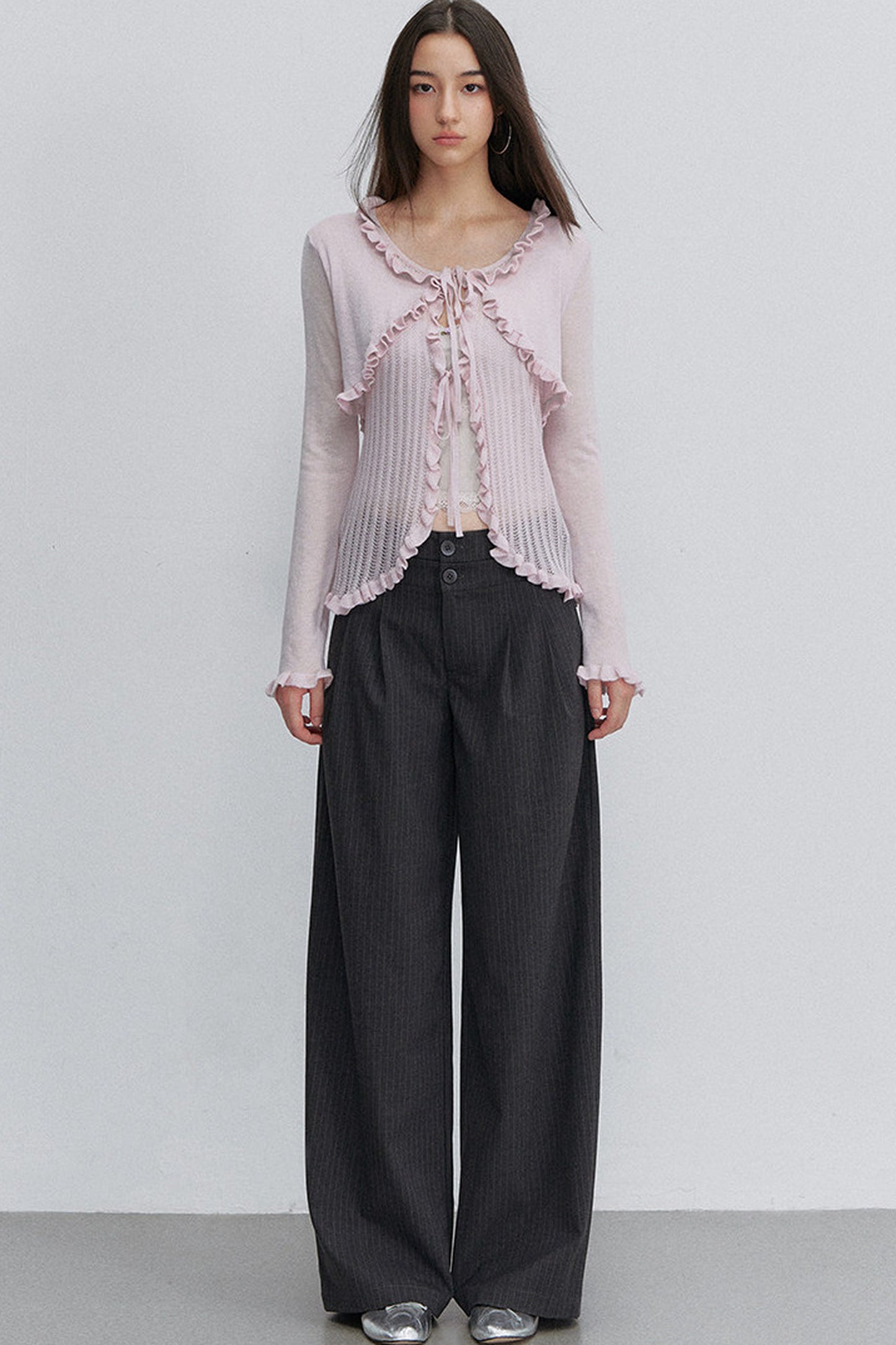 Ruffle Tie Hollow Out Knit Cardigan
