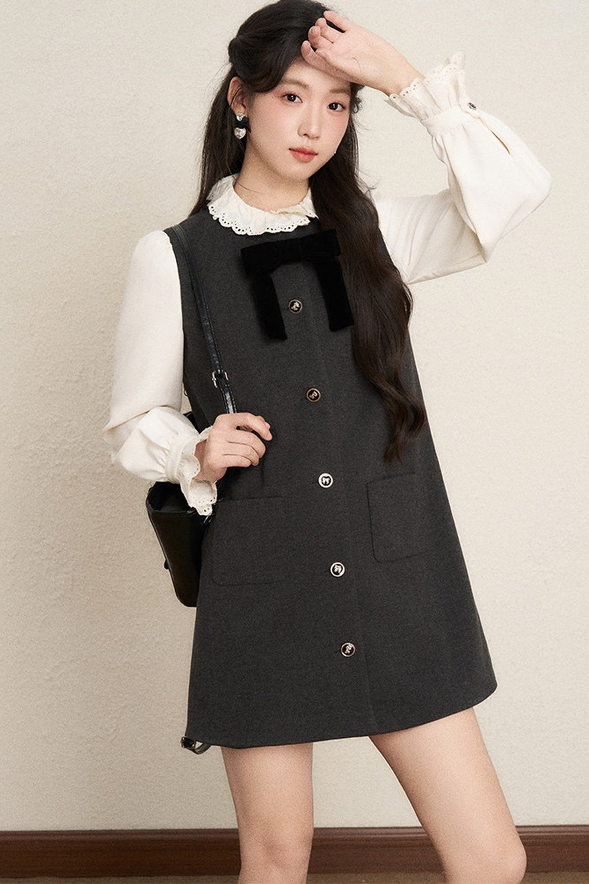 Ruffled Blouse and Vest Dress Set-Up