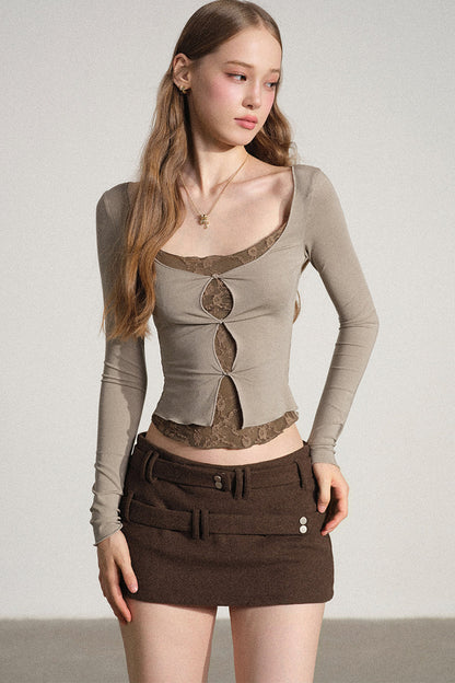 Layered-Look Hollow Out Long Sleeve Top