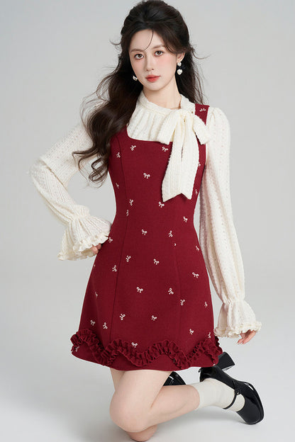 Red Sleeveless Dress and Apricot Top Set-Up