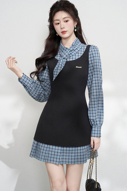 Blue Plaid Layered-Look Dress