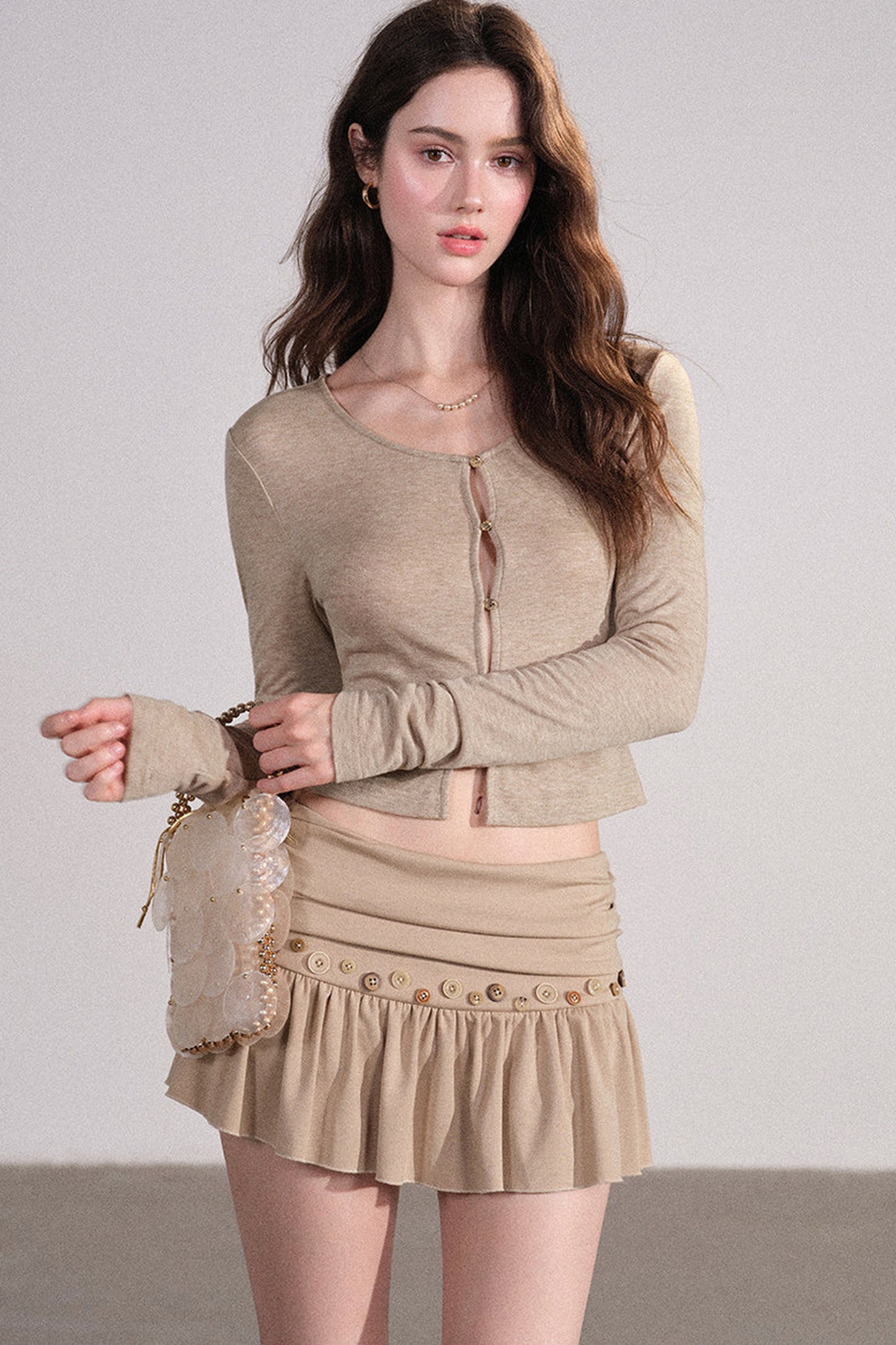 Wavy Hem Suspender Dress and Cardigan Set-Up