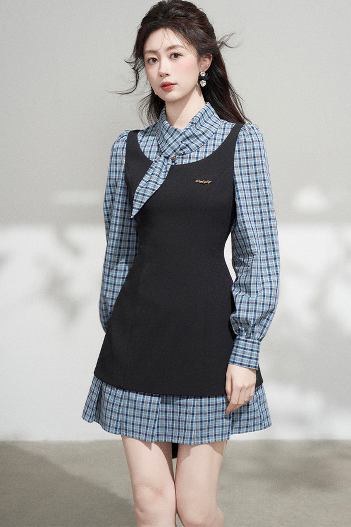 Blue Plaid Layered-Look Dress