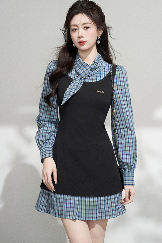 Blue Plaid Layered-Look Dress