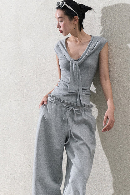 Liquid Cotton Ruffle Wide-Leg Pants