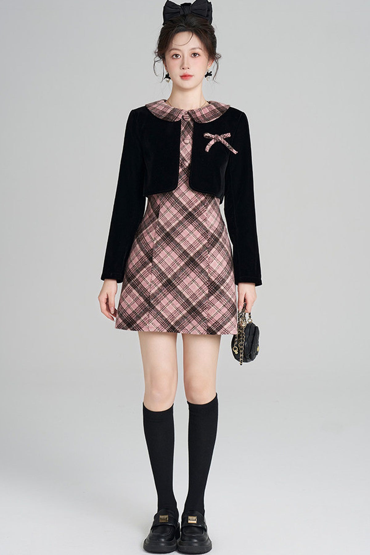 Layered-Look A-Line Plaid Dress