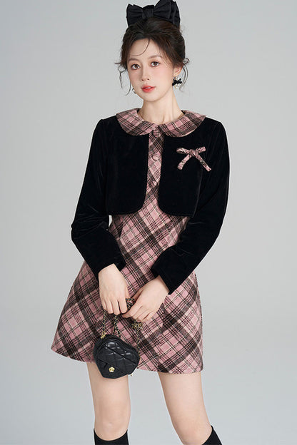 Layered-Look A-Line Plaid Dress