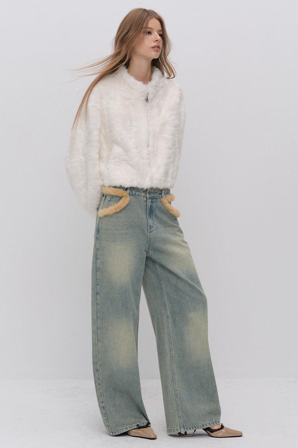 Fur Patch Wide-Leg Jeans