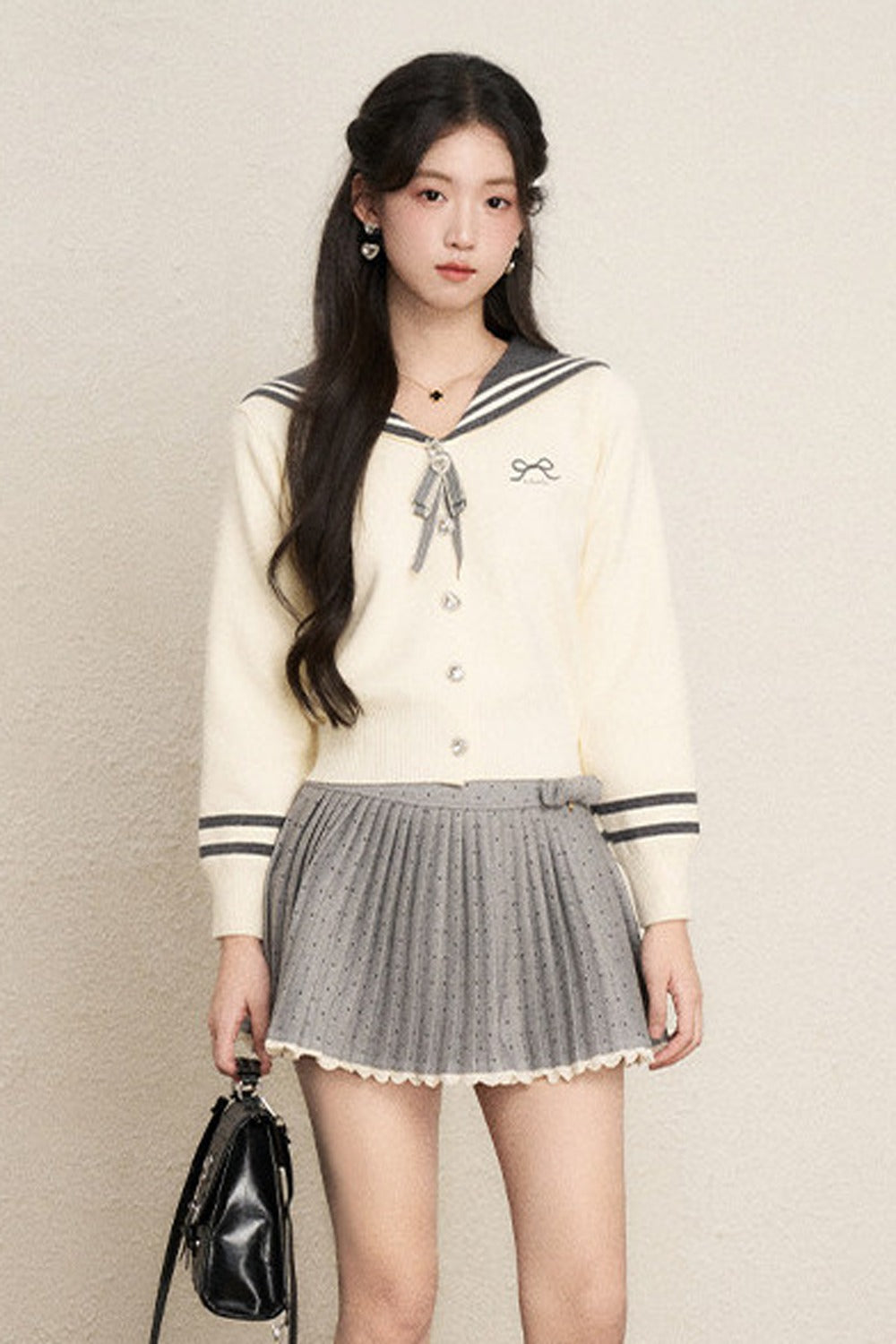 Bow Sailor Collar Knit Cardigan Set-Up
