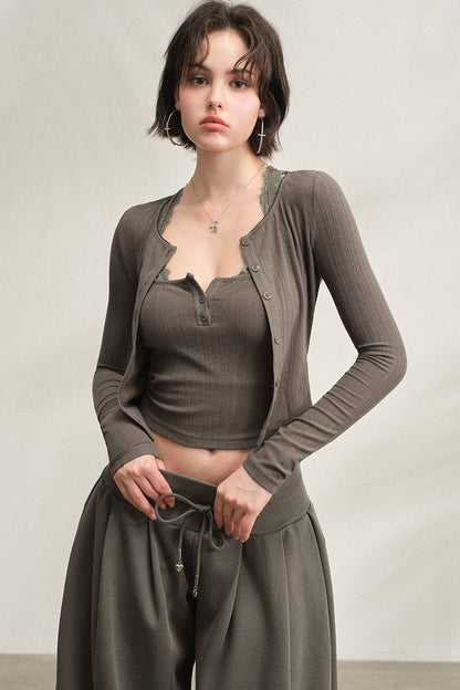 Ribbed Lace Long-Sleeve Cardigan