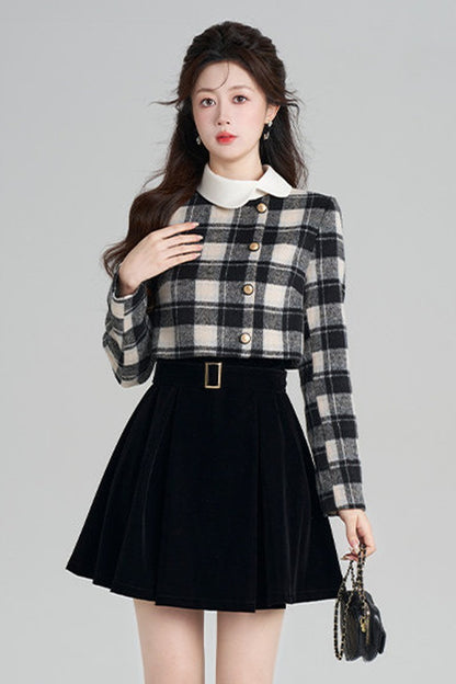 Layered-Look Plaid Velvet A-Line Dress