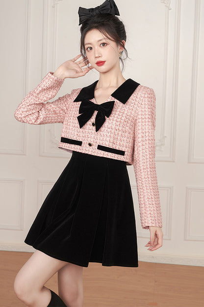 Pink Bow Layered-Look Tweed Dress