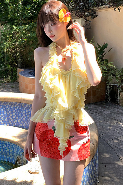 Yellow Ruffle Halter Top and Strawberry Skirt Set-Up