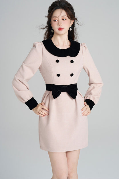 Pink Woolen Cinched Waist Dress