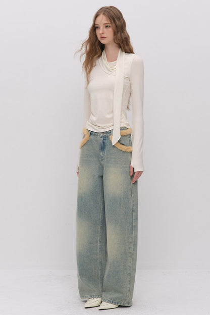 Irregular Ruched Halter Ribbon T-Shirt
