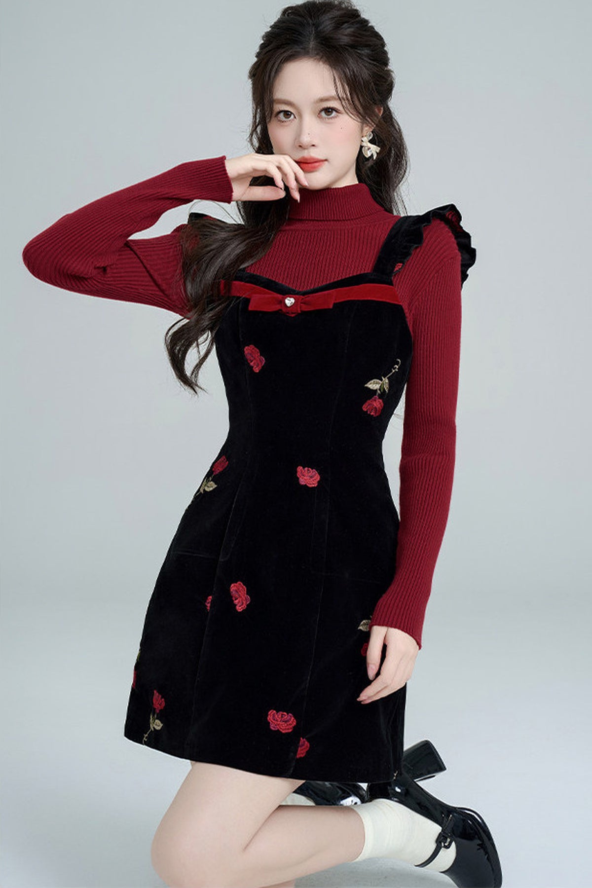 Rose Velvet Strap Dress Set-Up