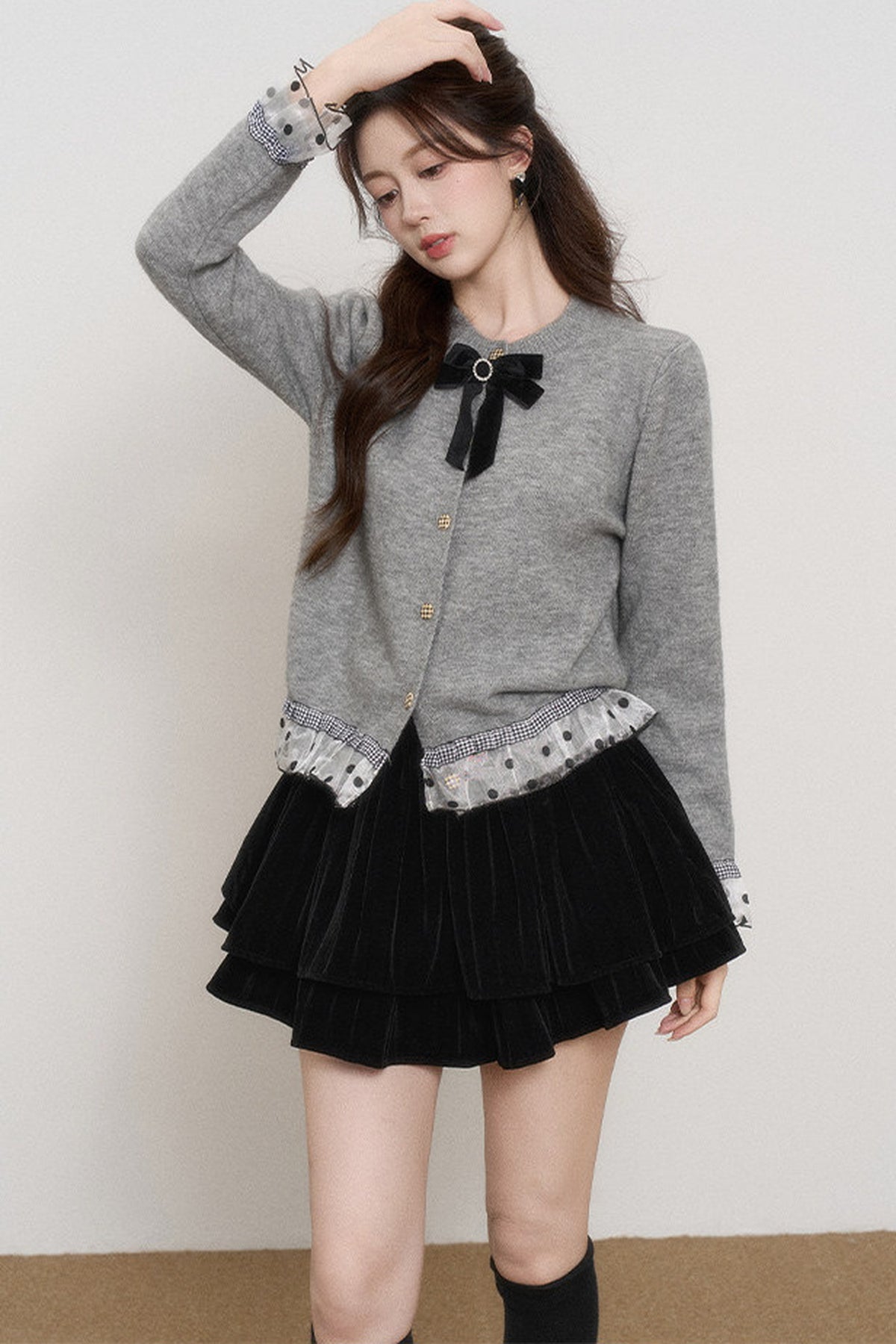Gray Mesh Spliced Cardigan