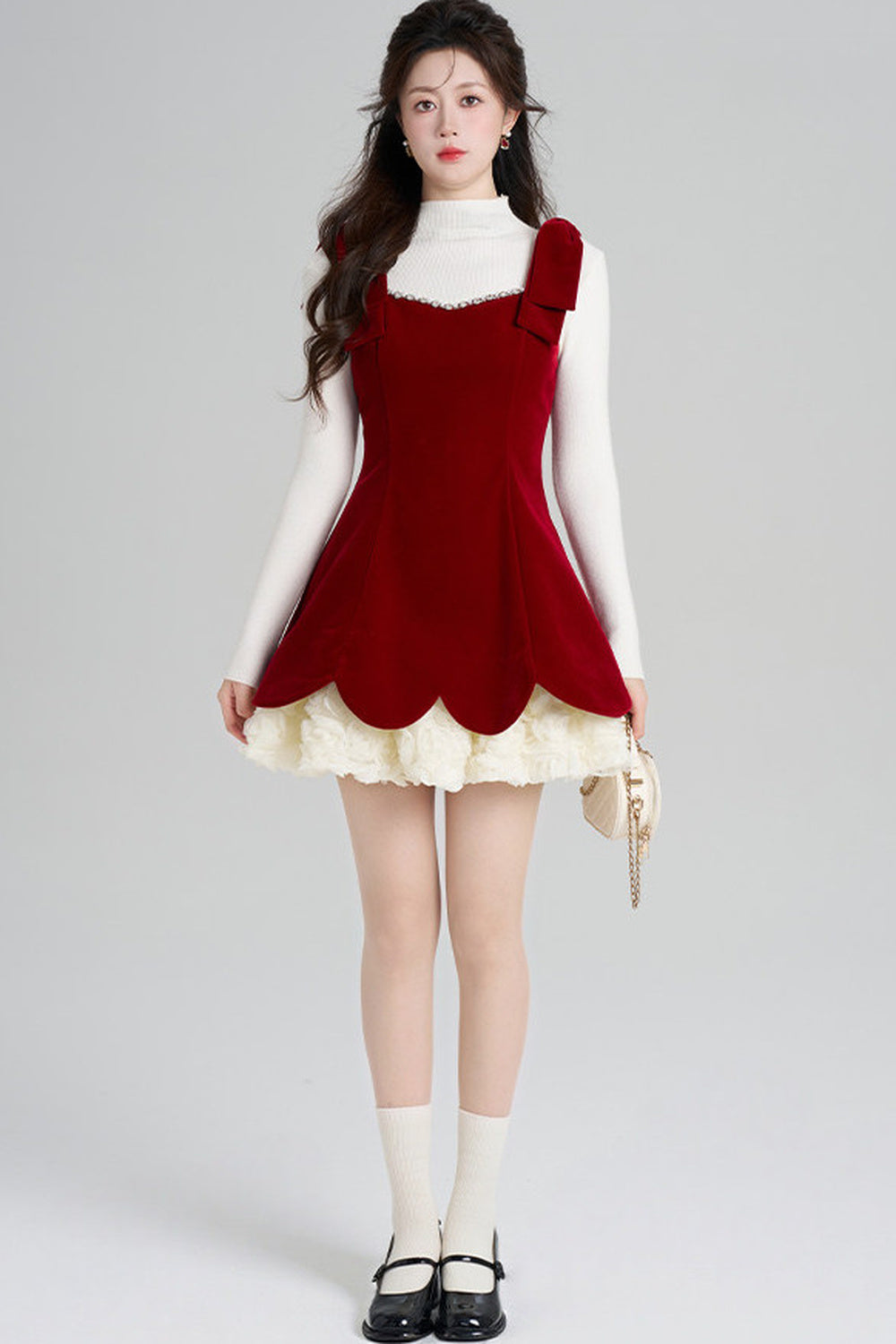 Red Velvet Dress and White Top Set-Up
