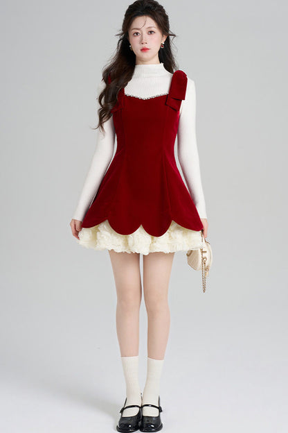 Red Velvet Dress and White Top Set-Up