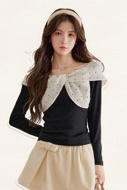 Polka Dot Bow Long-Sleeve Top