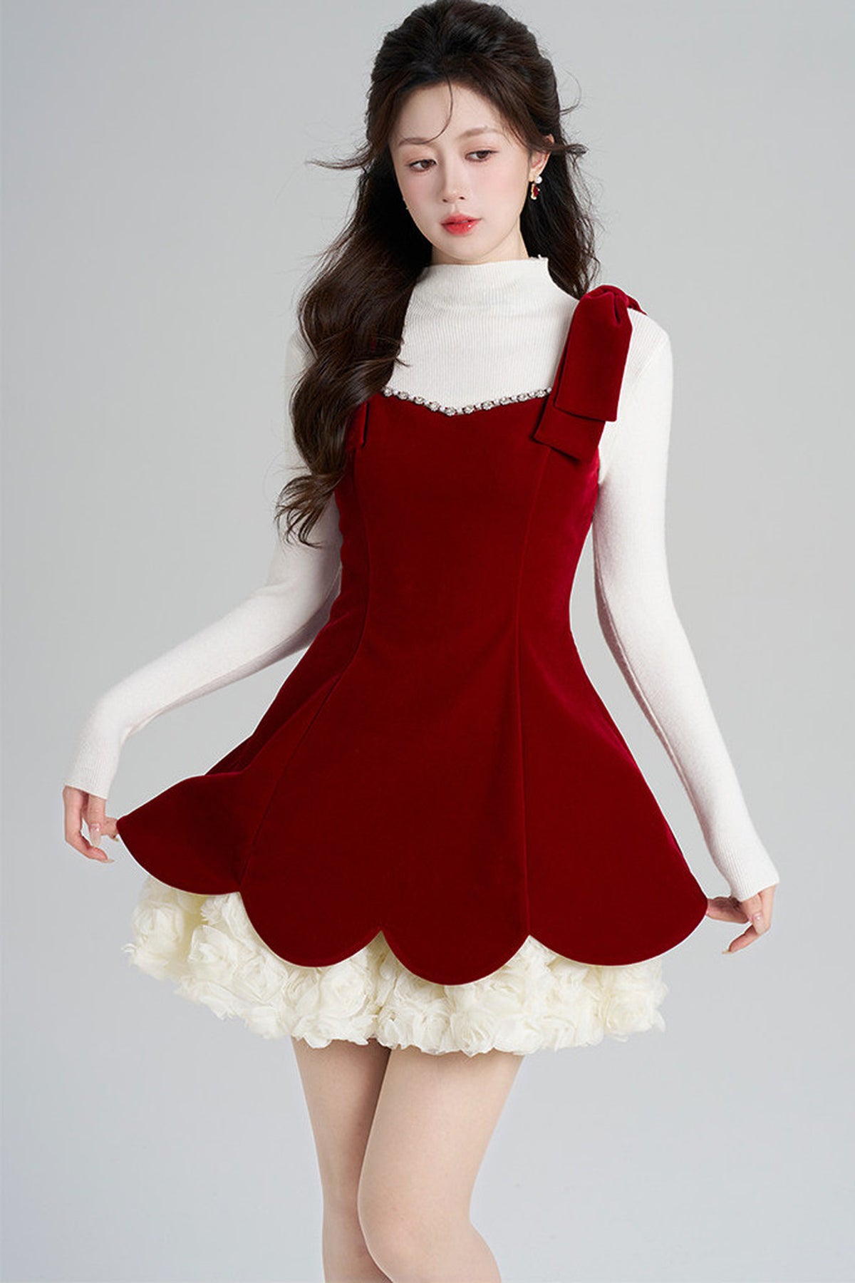 Red Velvet Dress and White Top Set-Up