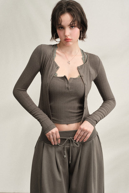 Ribbed Lace Vest Dress with Cardigan Set-Up