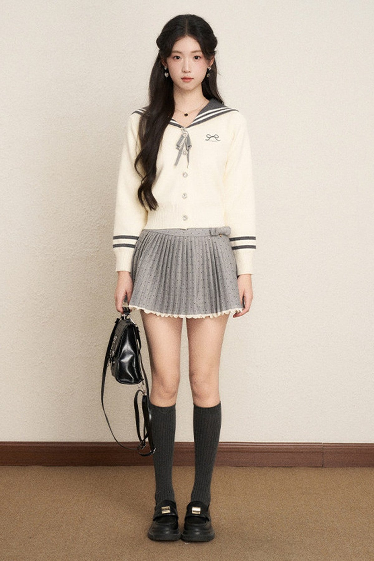 Bow Sailor Collar Knit Cardigan Set-Up