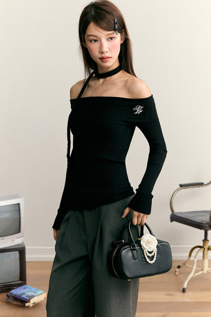 One-Shoulder-Strickpullover mit langen Ärmeln