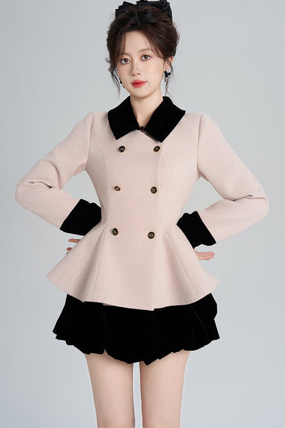 Pink Woolen Coat and Black Skirt Set-Up