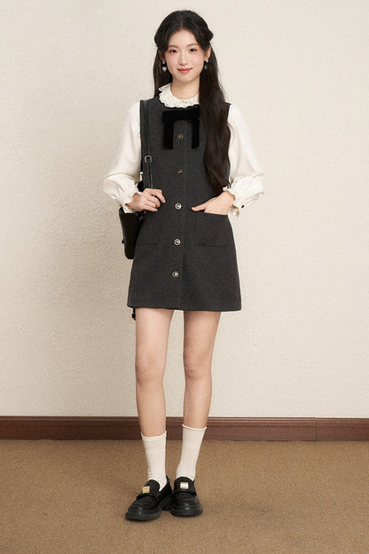 Ruffled Blouse and Vest Dress Set-Up