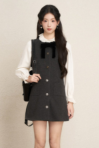 Ruffled Blouse and Vest Dress Set-Up