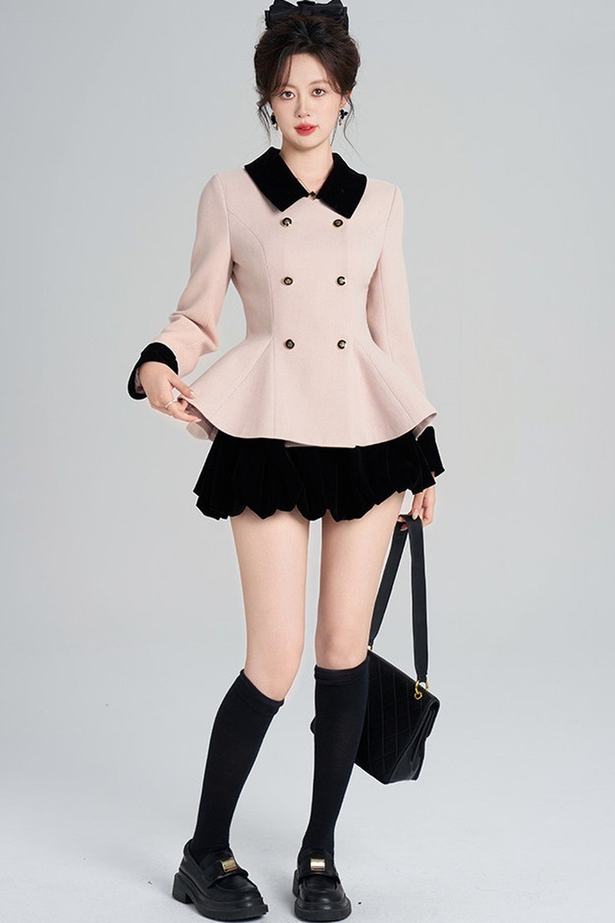 Pink Woolen Coat and Black Skirt Set-Up