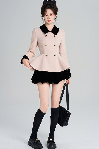 Pink Woolen Coat and Black Skirt Set-Up