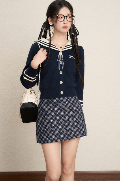Bow Sailor Collar Knit Cardigan Set-Up