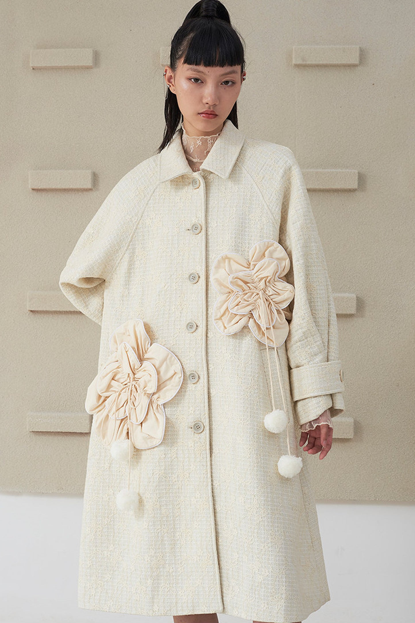 Floral Pleated Wool Coat