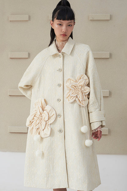 Floral Pleated Wool Coat