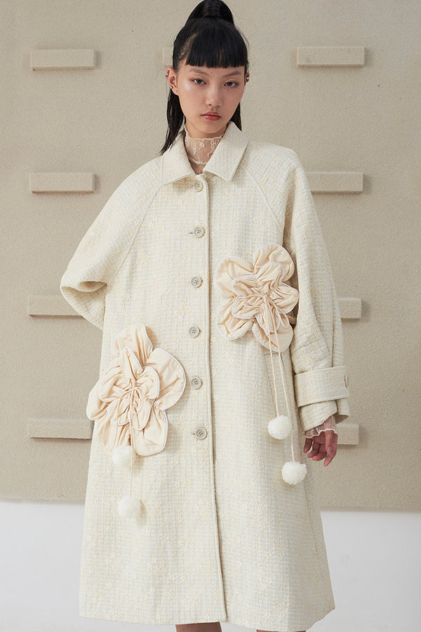 Floral Pleated Wool Coat