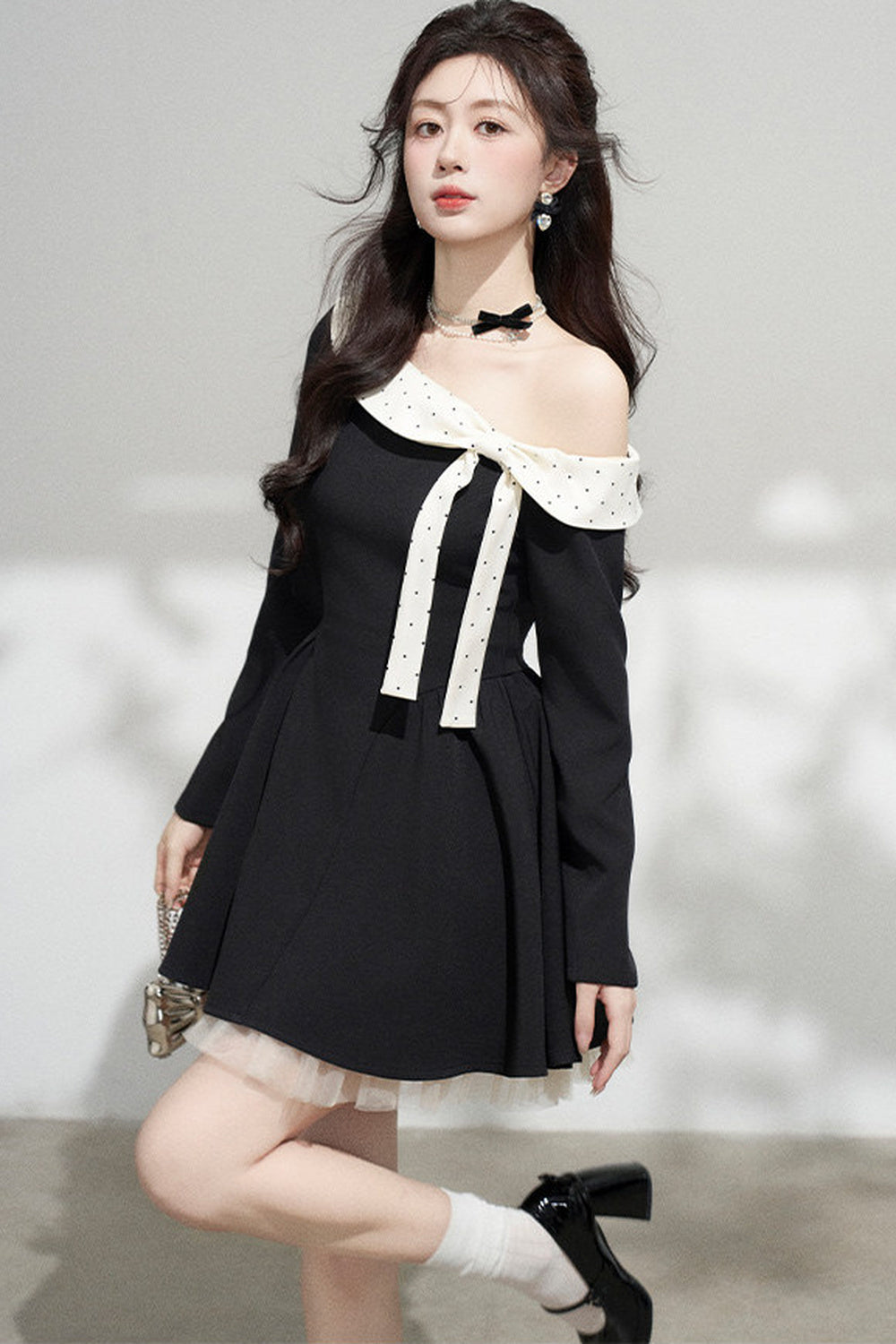 Black Off-Shoulder Mesh Dress